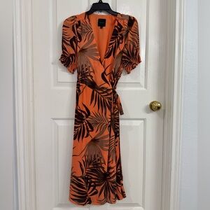 Alex Marie Orange Leaf Print Midi Dress